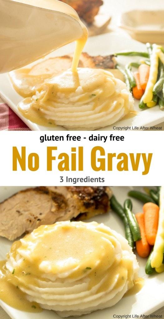An easy, no fail gluten free gravy mix that's also dairy free! So creamy and flavorful that no one will ever guess it's gluten free. ThereIsLifeAfterWheat.com #GlutenFree #GlutenFreeGravy #GlutenFreeRecipes