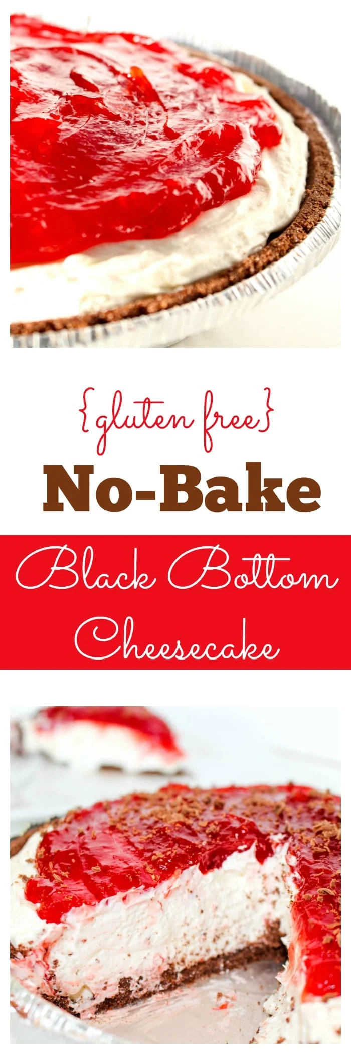 Gluten Free Black Bottom Cheesecake. Chocolate graham crust, tangy cheesecake, and sweet berry topping.