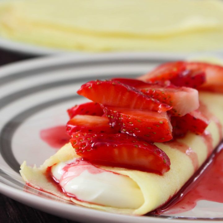 Quick and easy gluten free crepes are a cinch to make! Whip a few simple ingredients in your blender, pour into a skillet, cook, flip, and repeat. They're fold-able, roll-able, and perfect with any filling!