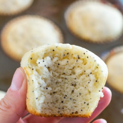 hand holding a gluten free almond poppyseed muffin