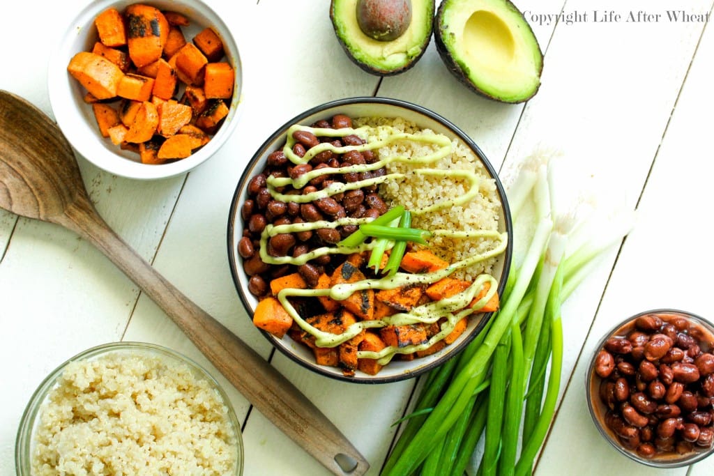 Healthy can be tasty! Dig into this quinoa bowl packed with pan seared sweet potatoes, hearty black beans perfectly paired with a cool avocado cream sauce.