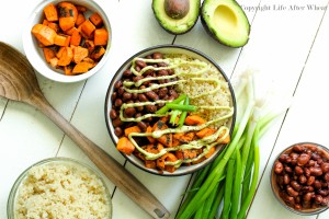 Healthy can be tasty! Dig into this quinoa bowl packed with pan seared sweet potatoes, hearty black beans perfectly paired with a cool avocado cream sauce. You definitely won't feel like you're missing out!