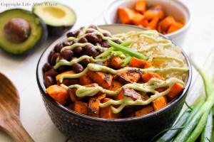 Healthy can be tasty! Dig into this quinoa bowl packed with pan seared sweet potatoes, hearty black beans perfectly paired with a cool avocado cream sauce. You definitely won't feel like you're missing out!