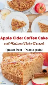 This gluten free coffee cake is bursting with Fall flavors! A whole grain apple cider cake infused with cinnamon and nutmeg is generously topped with streusel and then drizzled with a reduced apple cider glaze. The glaze brings a flavor you've never had before!