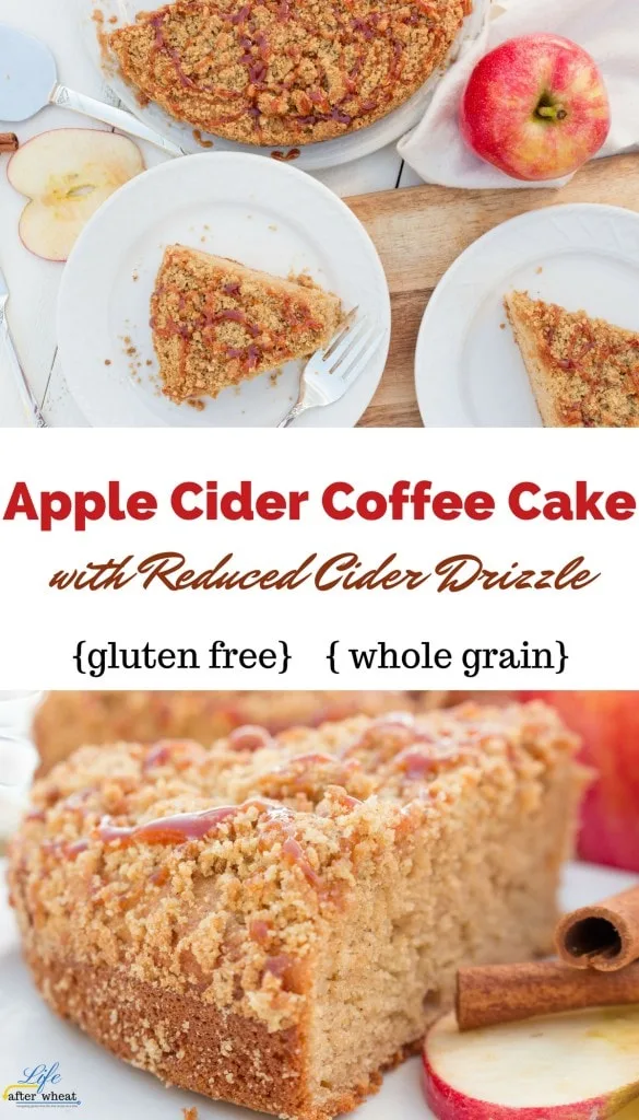 This gluten free coffee cake is bursting with Fall flavors! A whole grain apple cider cake infused with cinnamon and nutmeg is generously topped with streusel and then drizzled with a reduced apple cider glaze. The glaze brings a flavor you've never had before!