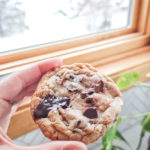 chewy cookie with melty chocolate pieces and little bits of candy canes