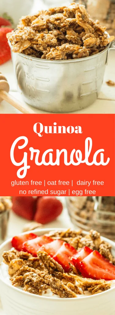 Looking for a healthy granola? Quinoa granola is easy to make and packed with 9 real, good-for-you ingredients! Unlike other quinoa granola recipes, protein-packed quinoa fully replaces the oats. Naturally sweetened with honey, this recipe is gluten free, vegan, soy free, dairy free, and oat free.