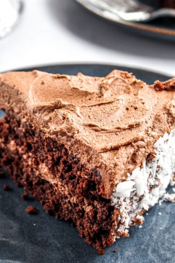 a slice of chocolate cake on a blue plate. It has two layers with a fluffy chocolate frosting between and on top.