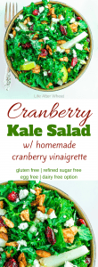 Cranberry Kale salad is a deliciously festive dish with tart cranberries, crisp kale, and sweet pears. It is topped with fresh gorgonzola and cardamom spiced almonds then drizzled with a homemade cranberry vinaigrette. It is the perfect marriage of flavors and a great addition to any party or get together. Simple enough to make for lunch but also beautiful for a more formal meal.