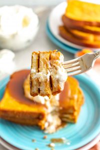 Pumpkin Pie French Toast is the perfect fall breakfast! Packed with all the flavors of a delicious pumpkin pie and easily made gluten free and dairy free. #glutenfree #pumpkin #frenchtoast