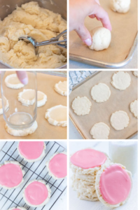 Step by step pictures showing how to make Swig sugar cookies. Cookie scoop in dough, hand putting ball of dough on baking sheet, pressing down on ball of dough with a glass, flattened cookies ready to be baked, frosted cookies on a cooling rack and stacked with a glass of milk.