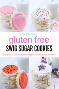 Gluten Free Swig Sugar Cookies. Four different stacks of cookies, one with pink frosting, one with white frosting and Christmas sprinkles, one with orange frosting and Halloween sprinkles, and one with white frosting and sprinkles in a star shape for Fourth of July