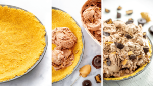 3 steps to make an ice cream pie: empty crust, scoops of ice cream in the crust, then a full ice cream pie with peanut butter cups