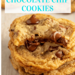 Pictures of gluten free chocolate chip cookies, step by step. Ingredients, dough as it is being mixed, finished dough being scooped onto cookie sheet, and a stack of the cookies, one with a bite taken out of it.