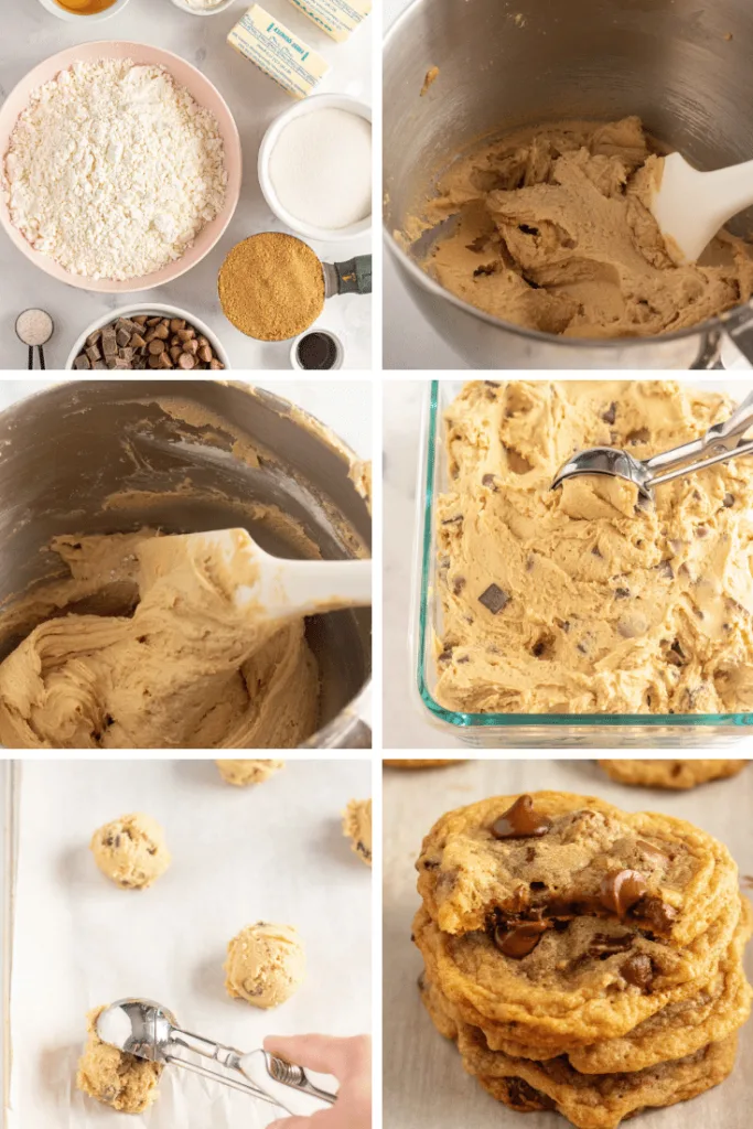 Pictures of gluten free chocolate chip cookies, step by step. Ingredients, dough as it is being mixed, finished dough being scooped onto cookie sheet, and a stack of the cookies, one with a bite taken out of it.