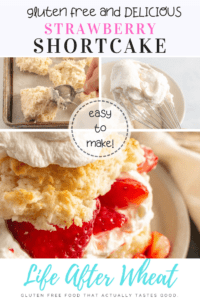Gluten Free Strawberry Shortcake: easy to make! 3 pictures. 1: hands scooping dough onto a baking sheet; 2: whipped cream on a whisk; 3: strawberry shortcake