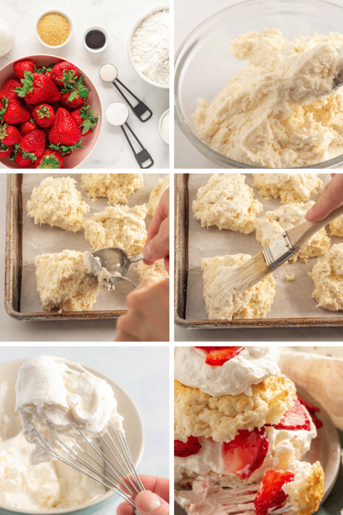step-by-step instructions for gluten free strawberry shortcake. 6-picture grid. 1: picture of ingredients, 2: a bowl with a sticky dough, 3: hands scooping dough onto parchment-lined baking sheet with 2 spoons, 4: brushing cream onto shaped dough with a pastry brush, 5: whisk with whipped cream, 6: biscuit layered with whipped cream and strawberries