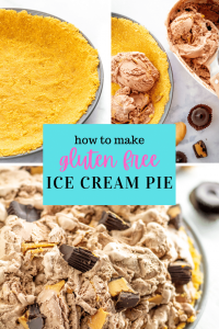 step by step photo of how to make an ice cream pie: crust, crust with scoops of ice cream and toppings on the side, finished ice cream pie