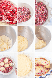 Step by step how to make gluten free Nantucket cranberry pie. Chopped cranberries, mixture of cranberries, sugar, and pecans, various stages of batter, scooping batter onto cranberry mixture, smoothing it out, then a baked pie.
