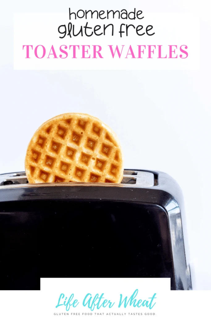 Waffle in toaster along with text "homemade gluten free toaster waffles"