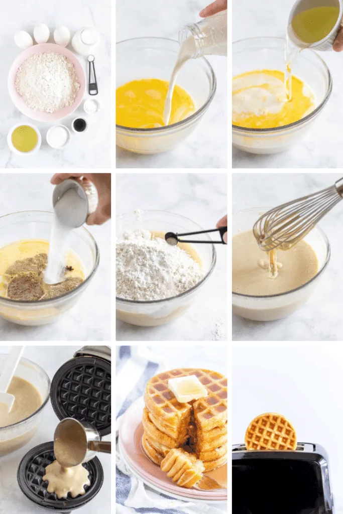 step by step photos of how to make gluten free waffles. 
1. ingredients
2. milk pouring into a bowl of eggs
3. oil pouring into eggs and milk
4. pouring sugar and vanilla into bowl
measuring flour and salt into bowl.
5. what batter should look like: comes off the whisk in a fairly fluid stream
6.scoop batter into waffle iron
7. stack of waffles with butter and syrup
8. waffle in toaster