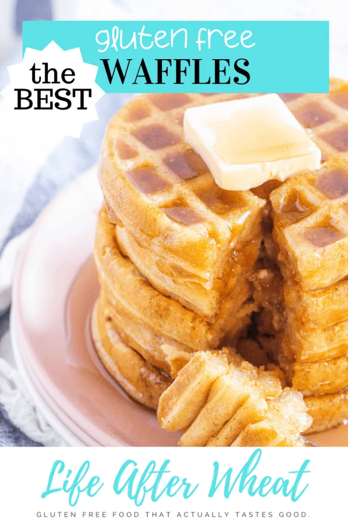stack of 5 gluten free waffles with a pat of butter on top, syrup drizzled over, and a bite sitting on plate