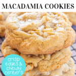 a stack of 3 cookies sit on a black cooling rack. They have golden brown edges and are studded with white chocolate chips and macadamia nuts. the top cookie is sprinkled with flakes of salt.
