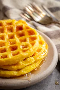 a stack of 3 round waffles on a gray stone plate. They are topped with syrup with is running down the sides and pooling on the plate. A white and gray striped linen is in the background along with a stack of silver forks