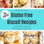 A collage of pictures of gluten free bisctuis. The photo shows a bowl of green chile cheese biscuits, a baking sheet of blueberry biscuits drizzled with glaze, a bowl of tall and fluffy biscuits, and strawberry shortcake made with sweet biscuits, whipped cream, and strawberries.
