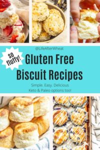 A collage of pictures of gluten free bisctuis. The photo shows a bowl of green chile cheese biscuits, a baking sheet of blueberry biscuits drizzled with glaze, a bowl of tall and fluffy biscuits, and strawberry shortcake made with sweet biscuits, whipped cream, and strawberries.