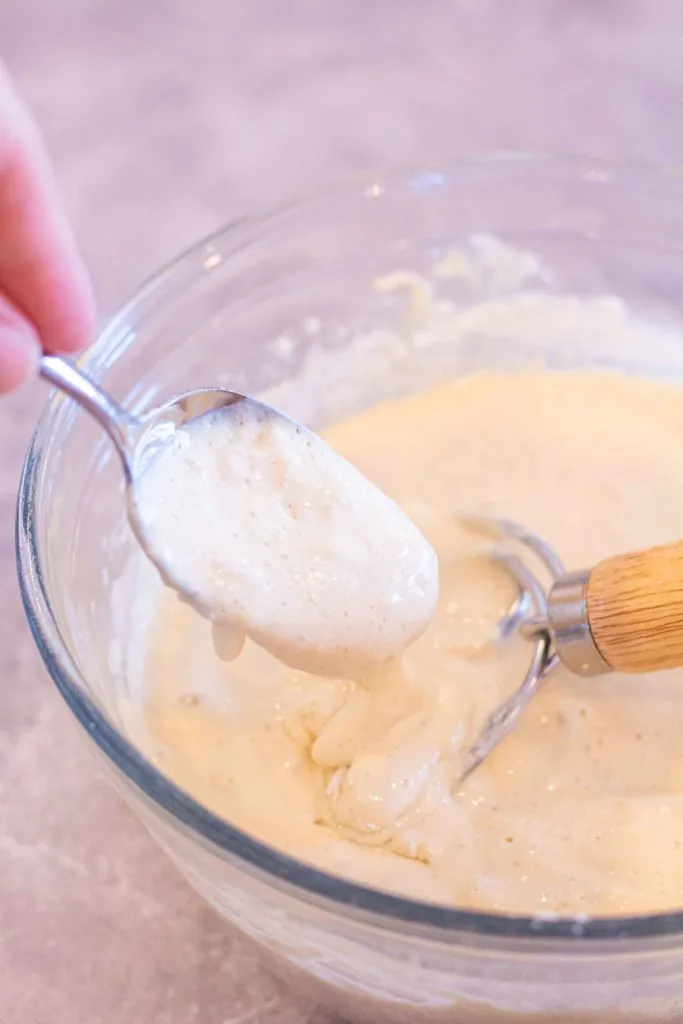 This picture shows you what the consistency of the batter should be like. It should be fairly thin, where if you get a spoonful and tip the spoon, it will readily flow off but is not a liquid.