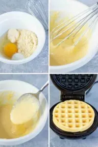 four pictures showing how to make wonder bread chaffles recipe. First: a bowl with almond flour, egg, mayonnaise, baking powder, and water; second: a bowl showing a whisk stirring the ingredients which are now batter; third a spoon pours the batter so you can see that it is fairly thick, but definitely pourable; Last, a mini waffle iron is open to show the chaffle inside. It looks like a waffle, is tall and soft.