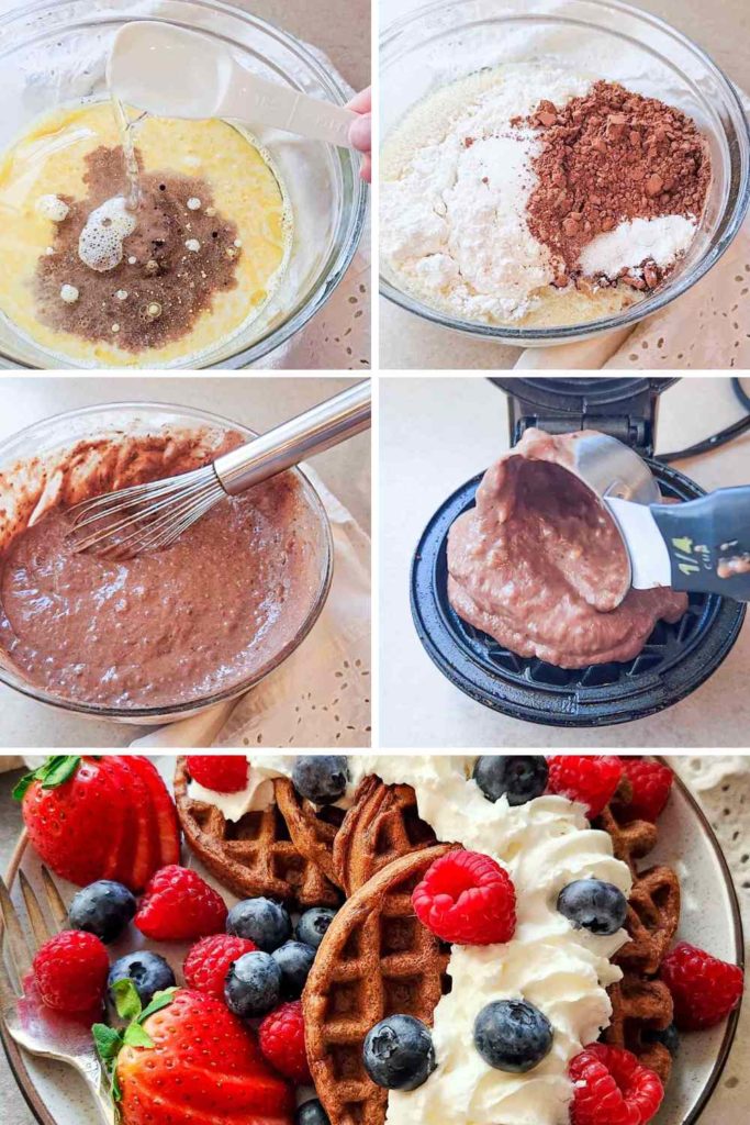 Step by step photos showing how to make gluten free chocolate waffles. Add all the wet ingredients to a bowl, then the dry ingredients. Whisk into a medium-thick batter and scoop into a mini waffle maker.