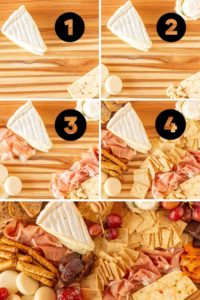Step-by-step photos of how to construct a gluten free charcuterie board. First, add blocks/wedges of cheese. Second, add soft cheeses. Third, add meats next to cheeses. Fourth, add crackers. Lastly, fillin all gaps with fruits, honey, jams, etc.