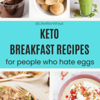 egg free keto breakfast recipes collage. Shown are chocolate chia pudding, snickerdoodle fat bombs, keto green smoothie, biscuits and gravy, and porridge with chopped fruit and drizzled peanut butter.