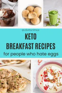 egg free keto breakfast recipes collage. Shown are chocolate chia pudding, snickerdoodle fat bombs, keto green smoothie, biscuits and gravy, and porridge with chopped fruit and drizzled peanut butter.