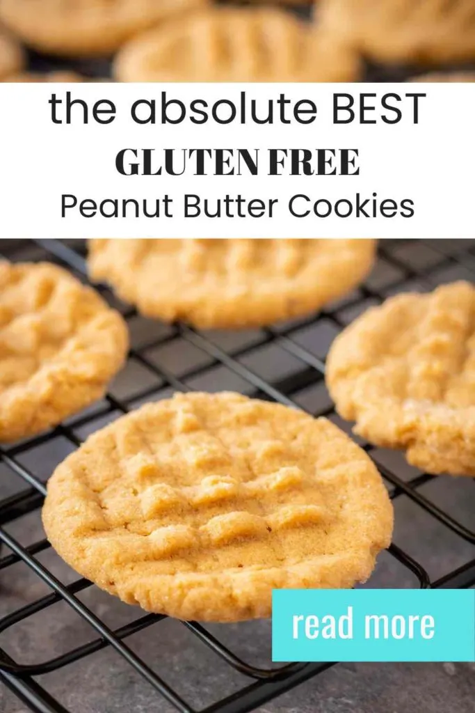 Pinterest friendly image of peanut butter cookies on a cooling rack