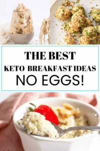 the best keto breakfast ideas with no eggs. Image shows a chia pudding topped with whipped coffee, garlic fat bombs, and a bowl of hemp heart porridge