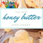 Pinnable image for honey butter showing ingredients and serving suggestion.