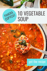 Pinterest friendly image for Panera copycat 10 vegetable soup. Image is a dutch oven filled with tomato-based vegetable soup.