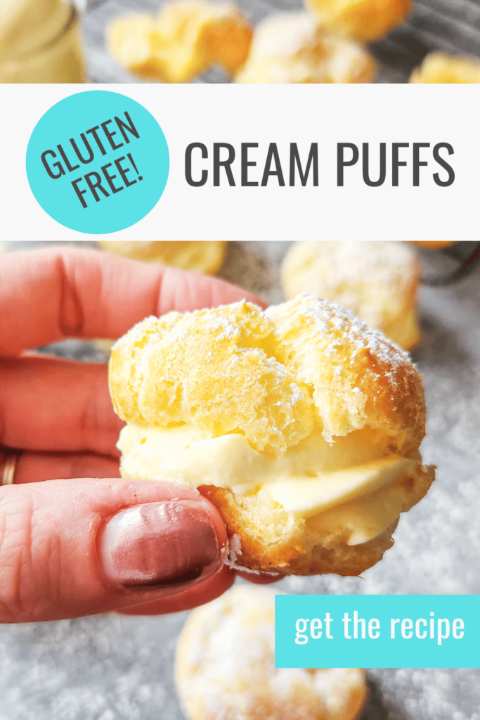 Pinterest-friendly image titled "gluten free cream puffs" the picture shows a hand holding a cream puff filled with vanilla pastry cream.