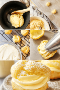 Step by step instructions for making gluten-free cream puffs at home. Photo 1: a loose ball of dough in a black saucepan. Photo 2: a bowl of sticky, fairly wet dough in a bowl. A small cookie scoop has been used to drop balls of dough onto a parchment lined baking sheet. Photo 3: Light and fluffy baked cream puffs cool on a rack next to a bowl of vanilla cream filling. Photo 4 a pastry bag is fitted with a decorating tip and someone is piping the filling into a hollow cream puff shell. Photo 5 is the completed cream puff, which has been sliced in half and filled with vanilla pastry cream. The top is dusted with powdered sugar.
