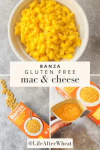 an orange box with elbow pasta spilling out and an opened packet of cheese powder which appears normal in color. A bowl of the cooked Banza mac and cheese shows noodles that seemed to hold their shape fairly well, and a normal orange color.