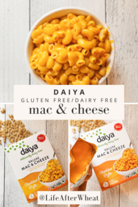 A white and orange box with elbow shaped pasta spilling out. An open cheese packet reveals an orange, creamy, pre-prepared sauce. A bowl of the cooked dairy free mac and cheese reveals a deep orange color and noodles that seem to hold their shape well.