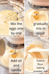 step by step instructions and photos for making gluten free tres leches cake. The first photo features a bowl with a light and bubbly egg mixture. The second photo shows a smooth and pale liquid mixture being mixed with an electric mixer. The 3rd photo shows oil being added to the mixture, and the fourth photo shows a spatula folding in flour, baking powder, and salt to make a cake batter.