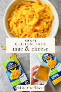 A traditional-looking box of Kraft mac and cheese, but the gluten free variety. The noodles are a classic mac and cheese shape, the powder looks normal, and the bowl of cooked gluten free mac and cheese is reminiscent of a classic mac and cheese.