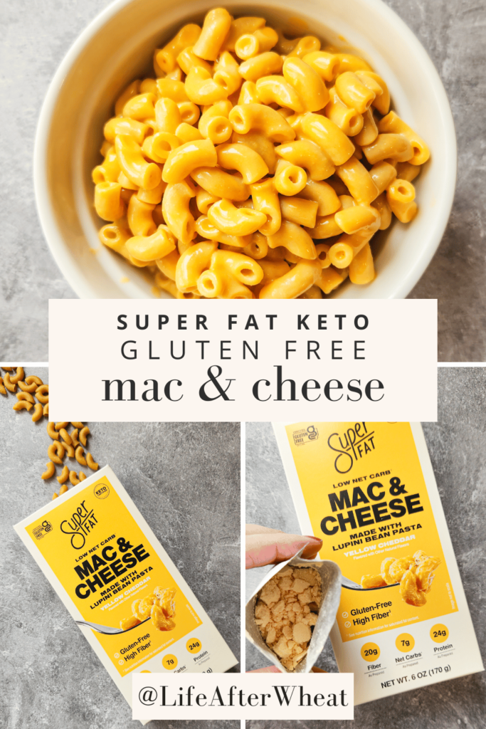 A yellow box with overly thick elbow noodles spilling out. The open packeg of powdered cheese looks pale and clumpy. A bowl filled with the cooked gluten free/keto mac and cheese shows thick noodles and a bit of a funny color.