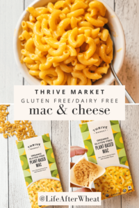 a blue, white, and yellow box shows elbow noodles spilling out and an open powdered cheese packet which ia an odd orange-red color. A bowl of the cooked gluten free and dairy free mac and cheese is, again, an odd orange-red color and the noodles appear a little flimsy.