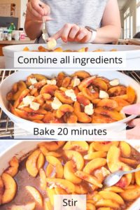 How to make peach base for gluten free peach cobbler. Step 1: combine all ingredients in baking dish. Step 2: bake 20 minutes. Step 3: stir.