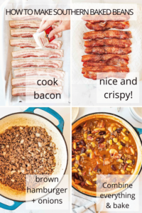 How to make southern baked beans: cook bacon until it's crisp and browned, brown hamburger and onions, combine everything and bake.